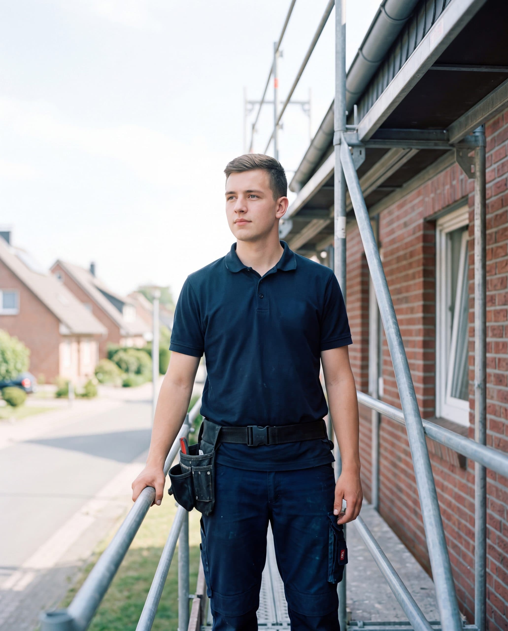 Junger Geselle am Gerüst eines Einfamilienhauses