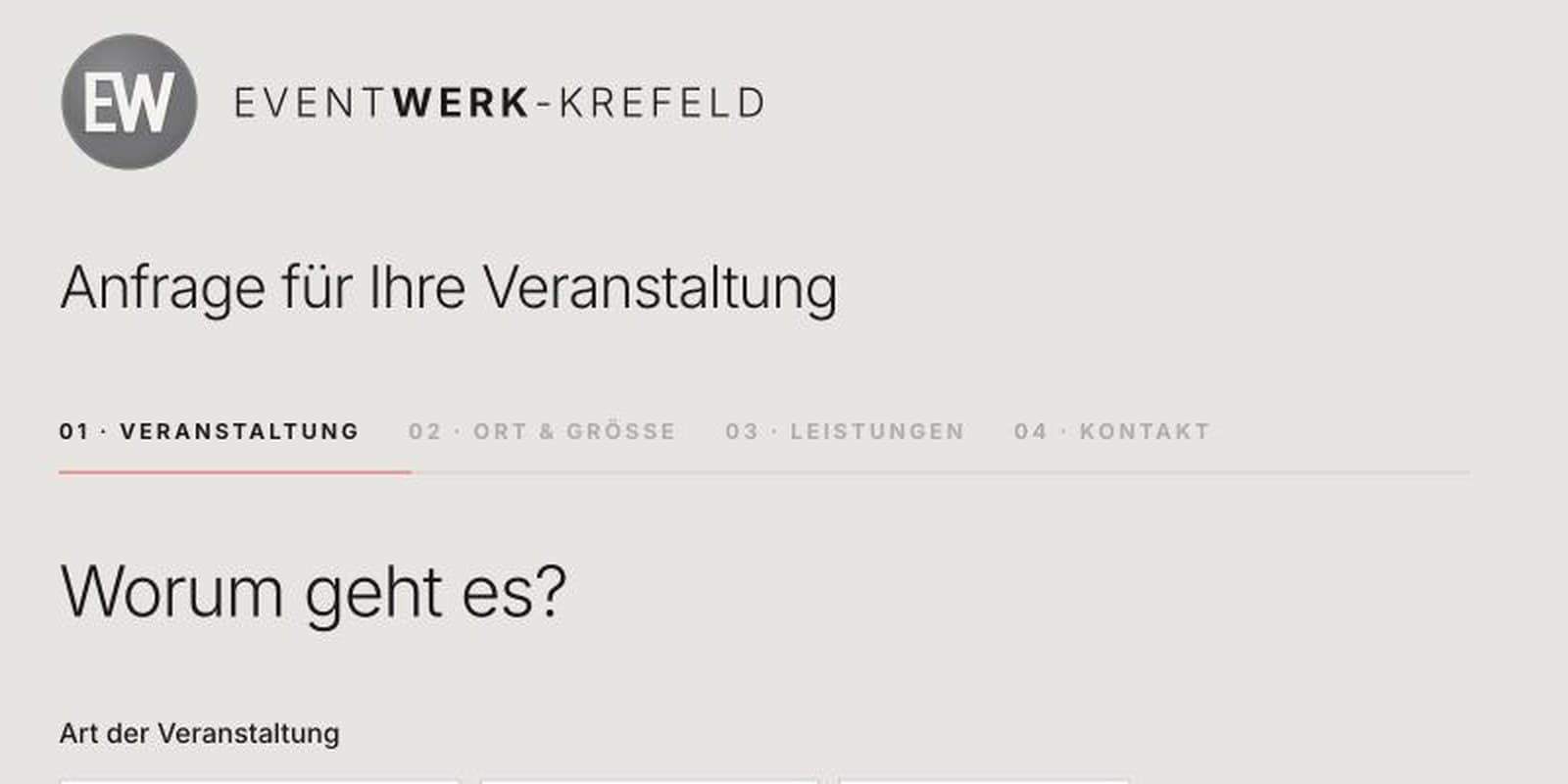 Erster Schritt der vierstufigen Anfragestrecke von eventwerk-krefeld