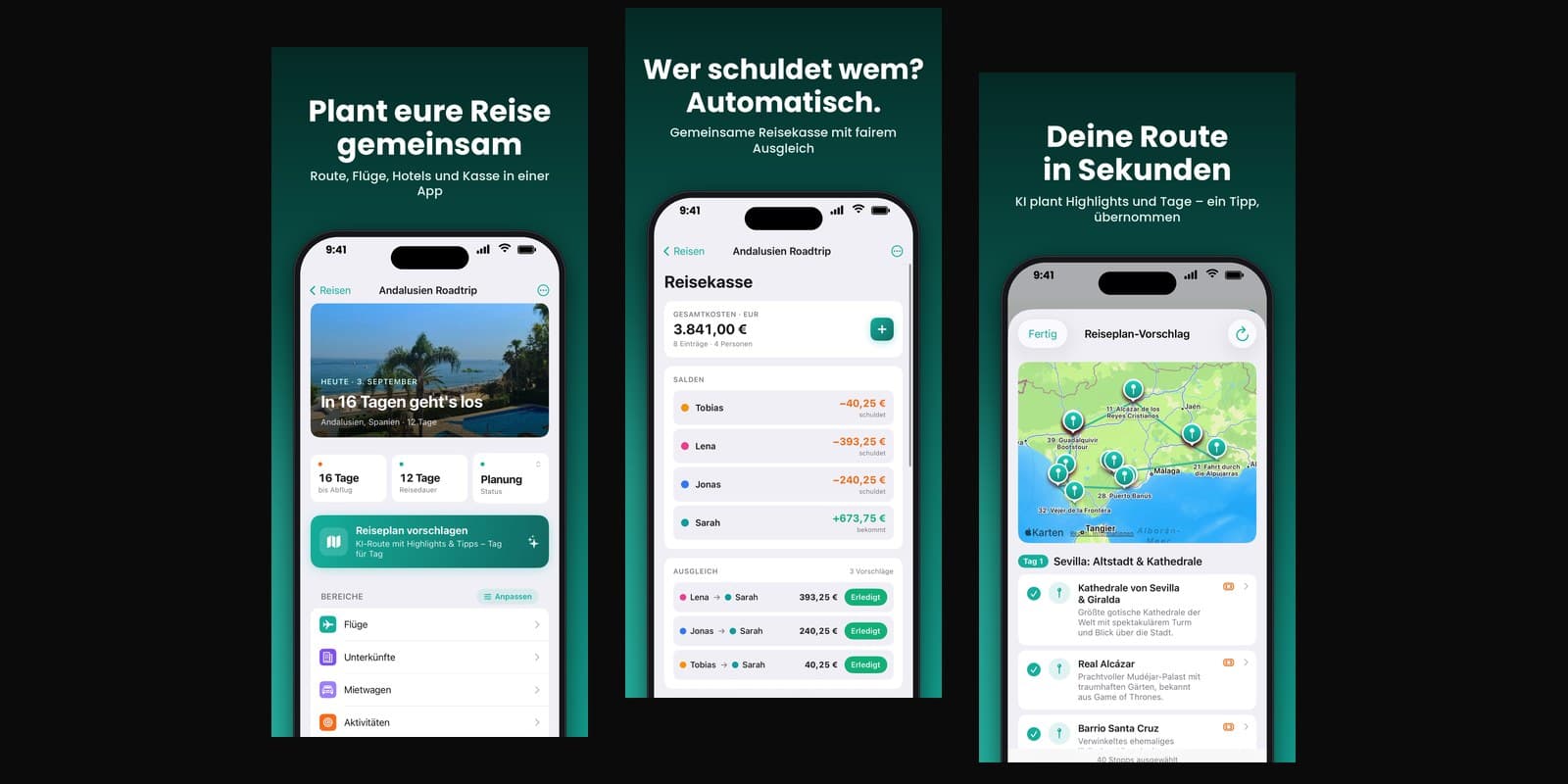 Drei Bildschirme aus der neario-App: gemeinsame Reiseplanung, Reisekasse mit automatischem Ausgleich, Routenplanung auf der Karte