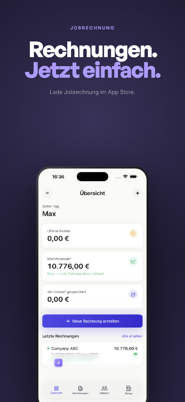 Jobrechnung App-Icon und Dashboard im App-Store-Kontext