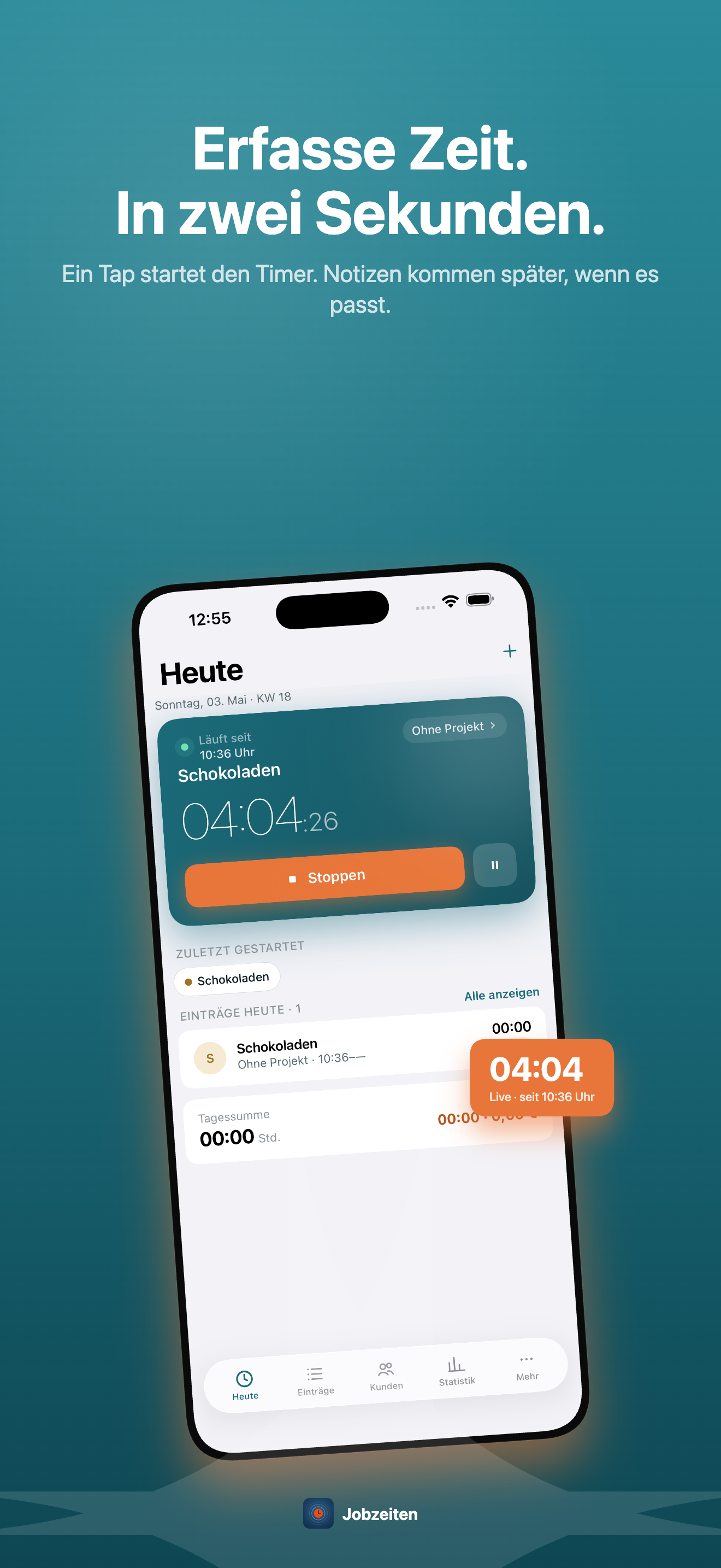 Jobzeiten Heute-Ansicht mit laufendem Timer und Tagessumme