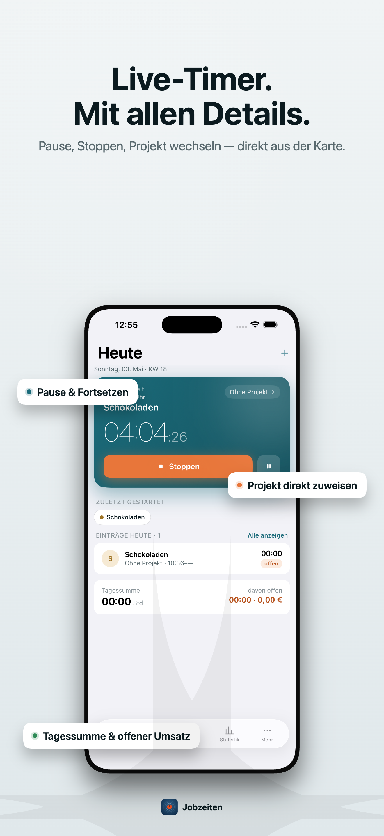 Jobzeiten Live-Timer mit Pause, Stoppen und Projektzuweisung direkt aus der Karte