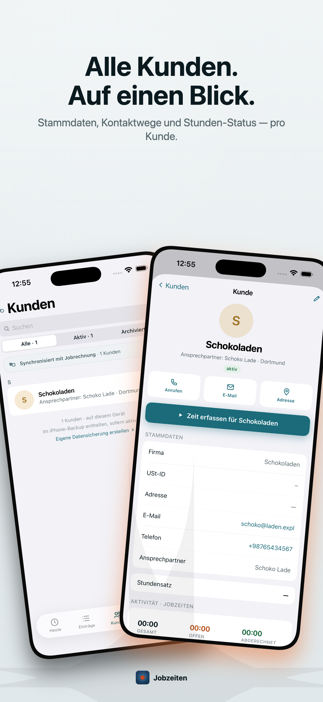 Jobzeiten Kunden-Übersicht mit Quick-Actions und Stunden-Status pro Kunde