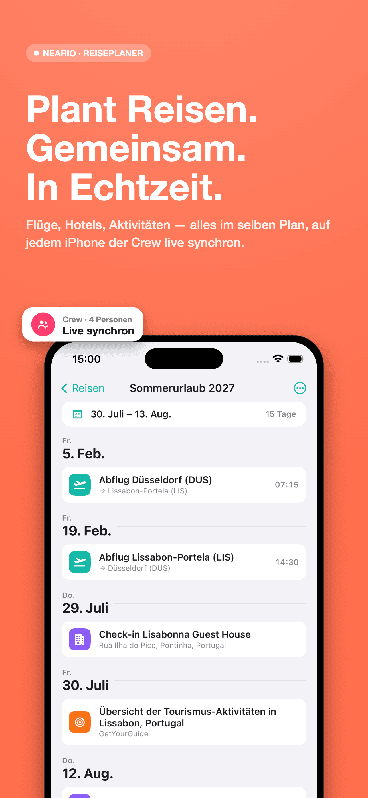 neario Reiseplan mit Flügen, Check-ins und Aktivitäten auf der Zeitleiste