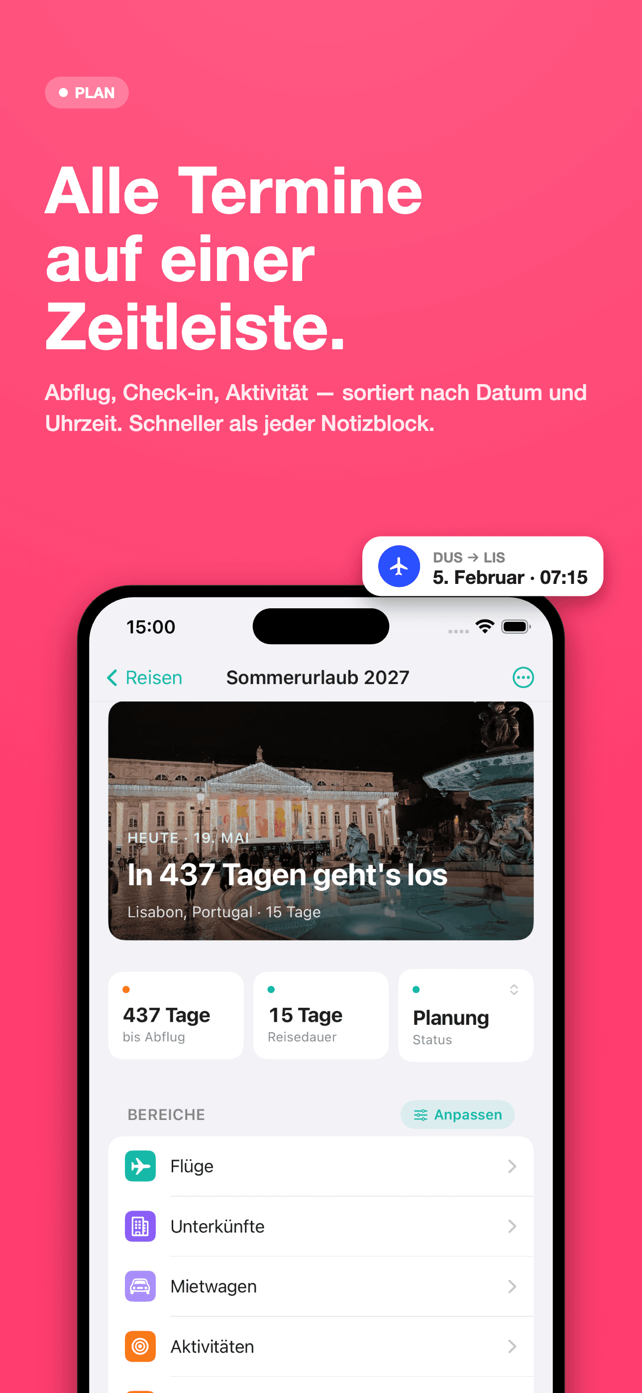 neario Zeitleiste mit Flügen, Check-in und Aktivitäten in chronologischer Reihenfolge