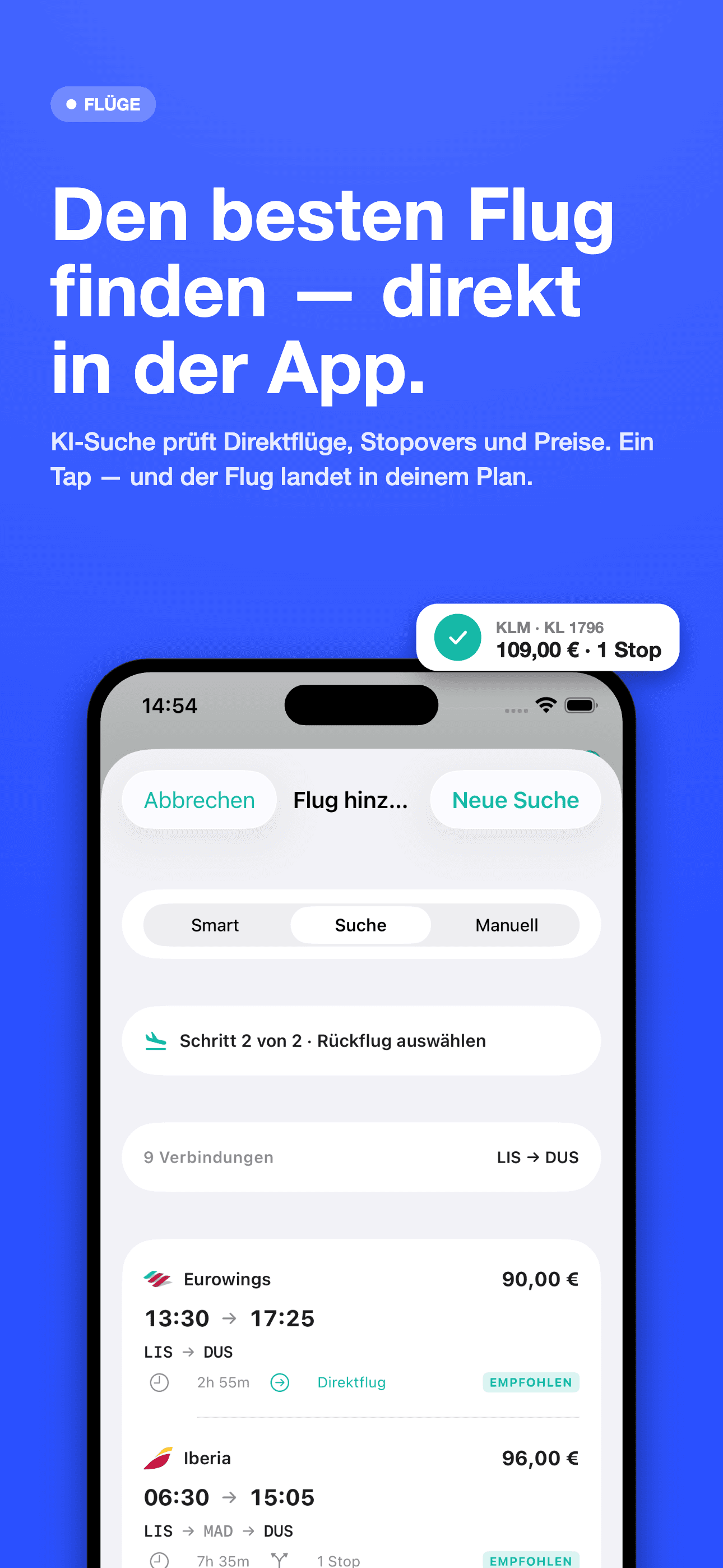 neario KI-Flugsuche mit Direktflug-Empfehlung und Stopover-Verbindungen