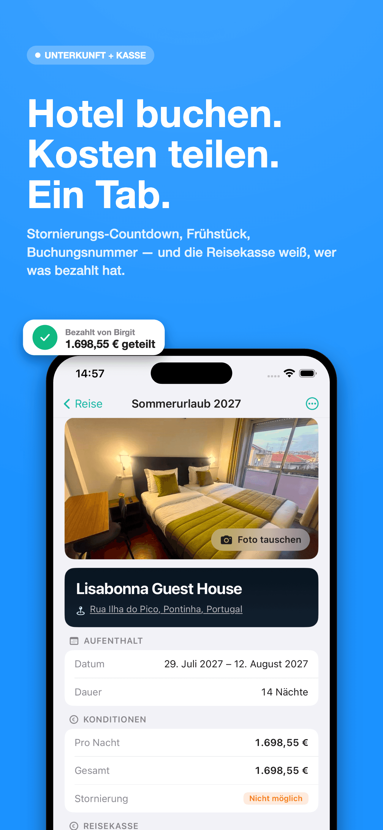 neario Unterkunfts-Detail mit Foto, Datum, Konditionen und Reisekasse-Verteilung