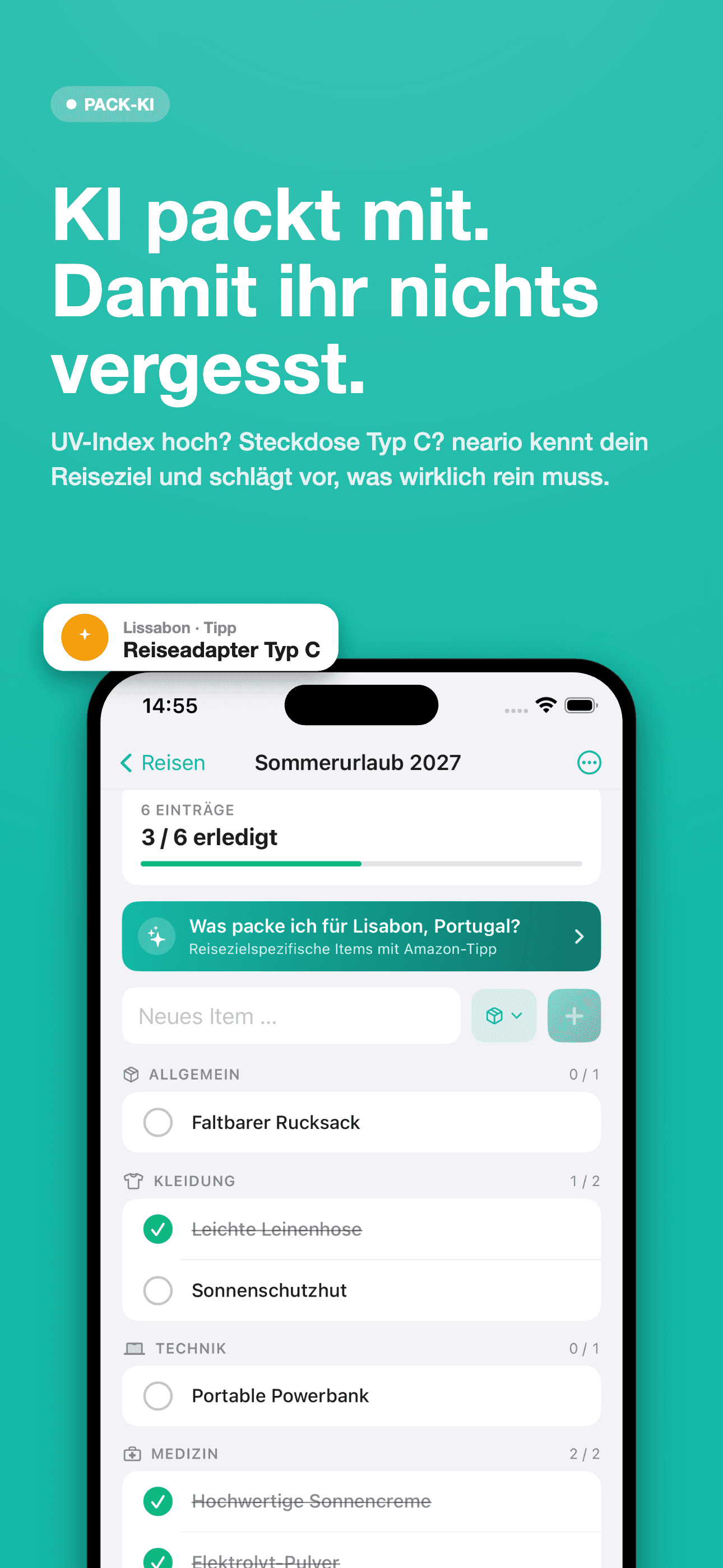 neario Pack-KI mit reisezielspezifischen Vorschlägen wie Reiseadapter Typ C