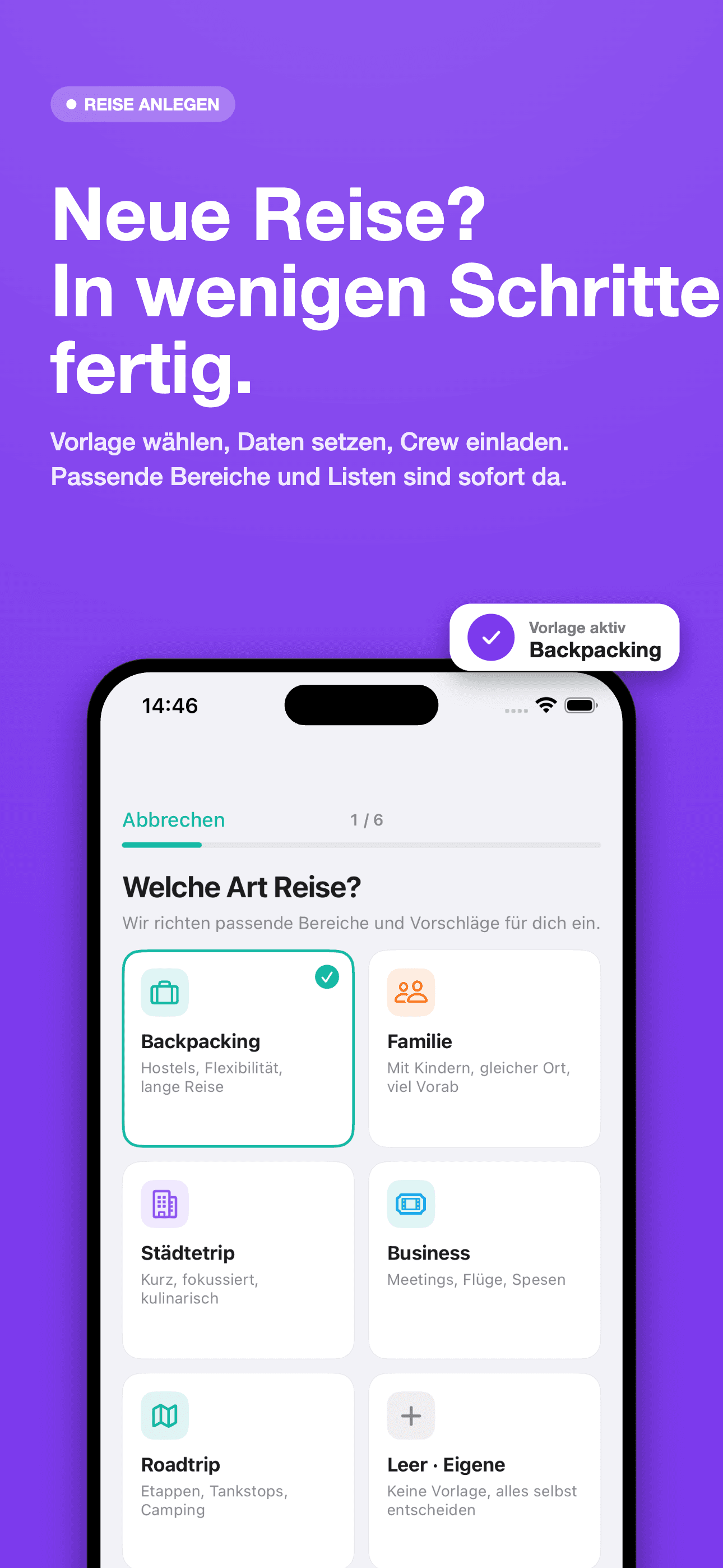 neario Onboarding zur Reiseart-Auswahl: Backpacking, Familie, Städtetrip, Business, Roadtrip