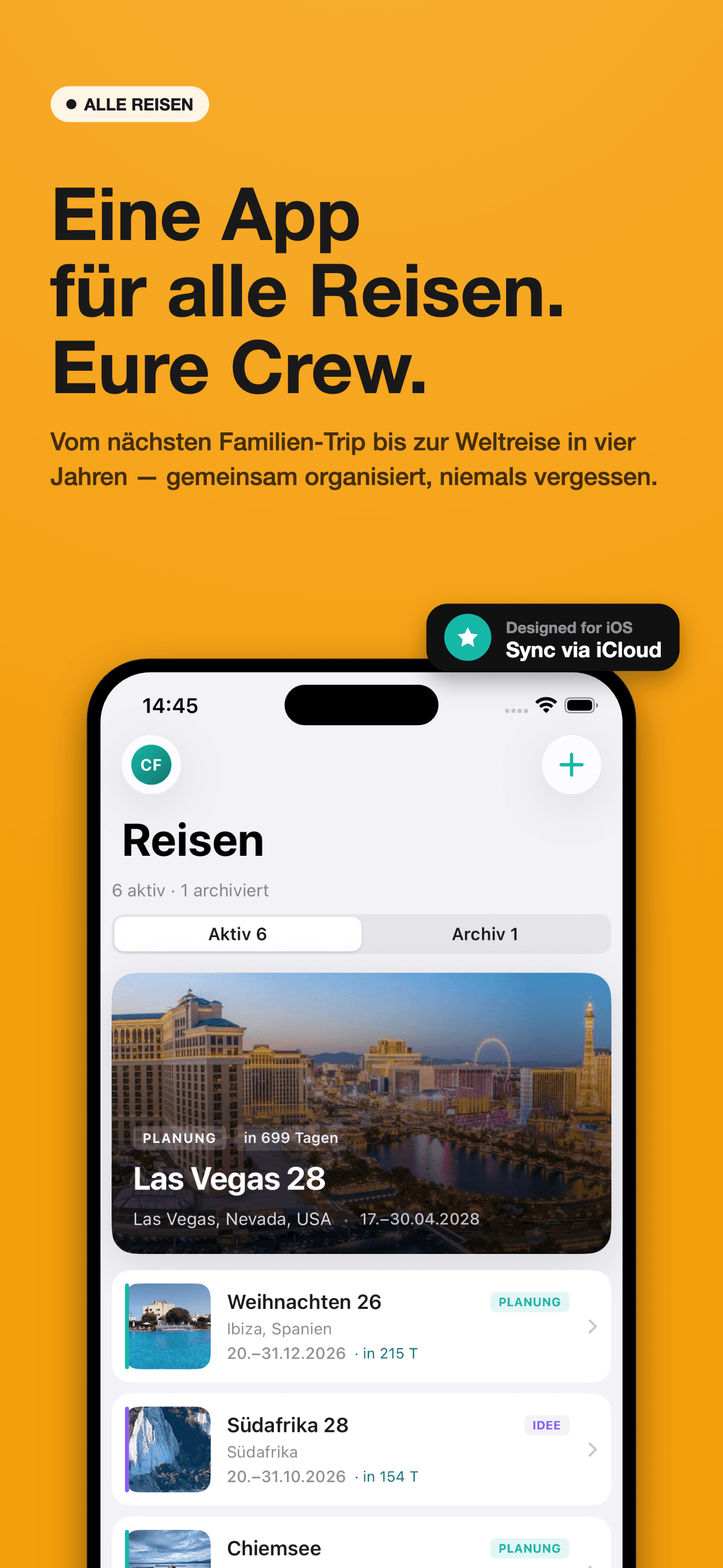 neario Reisenübersicht mit aktiven Reisen wie Las Vegas, Weihnachten Ibiza, Südafrika